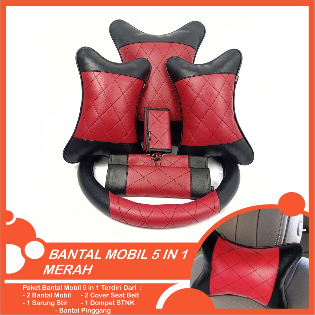 Set Bantal Mobil 5 in 1 Premium Bantal Leher Bantal Pinggang Cover Stir Seatbelt Free Dompet STNK