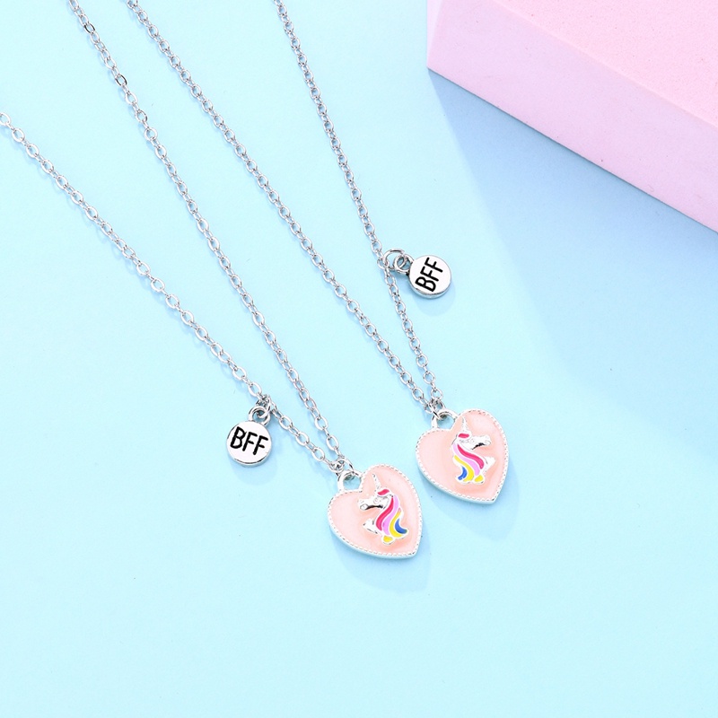 2pcs / Set Kalung Rantai Dengan Liontin Unicorn Hati Warna-Warni Untuk Hadiah Persahabatan