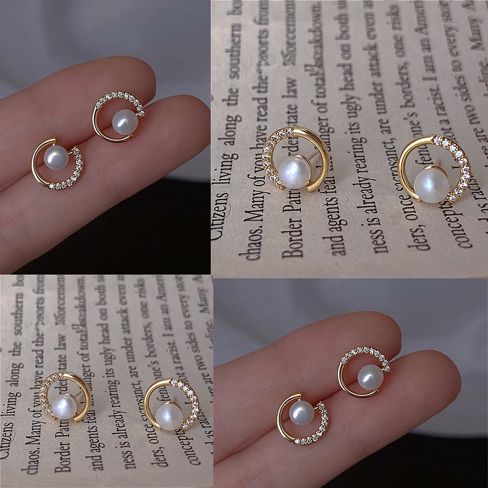 【COD Tangding】Anting Bentuk Bulat Geometris Aksen Mutiara Untuk Wanita