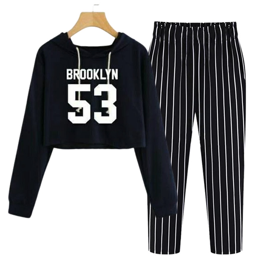 BESS - Baju Setelan Wanita Murah / Setelan Hoodie Crop + Celana Salur Hitam - BROOKLYN