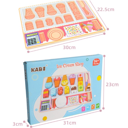 KABI Wooden ICE CREAM SHOP Board Puzzle Game / Mainan Kayu Pretend Play Anak Masak-Masakan / Mainan Pretend Kasir Toko Es Krim / Mainan Toko Ice Cream Anak / Mainan Edukasi Puzzle Kayu Berkualitas