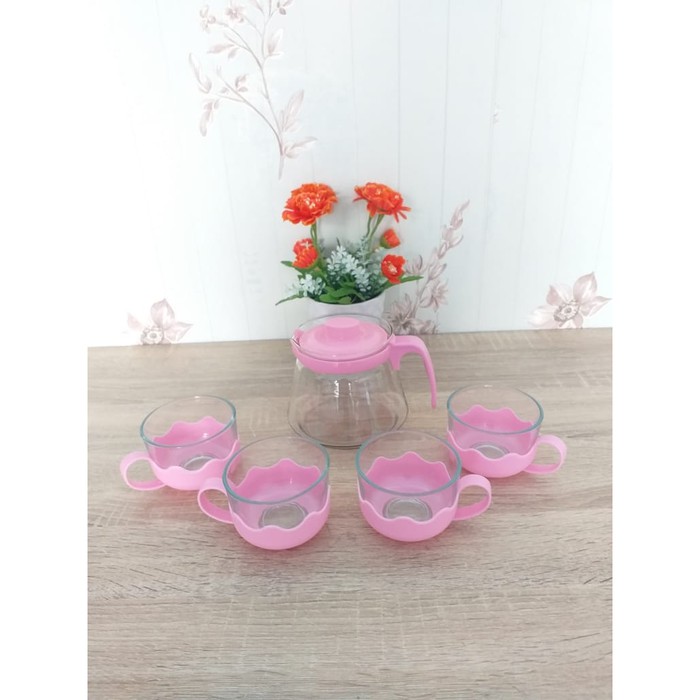 TEA POT KACA TEKO PLUS GELAS 5IN 1 MURAH