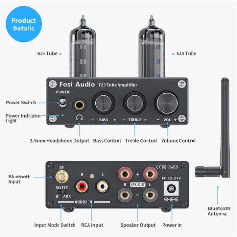 Amplifier Bluetooth FOSI Stereo 50W Power Headphone Amplifier for Home Passive Speakers - T20 - Black