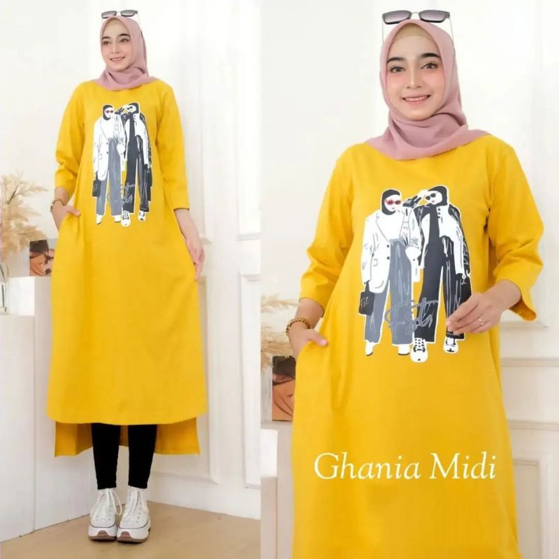 Ghania midi/baju midi dress terbaru/terlaris bahan combed 24s aplikasi sablon