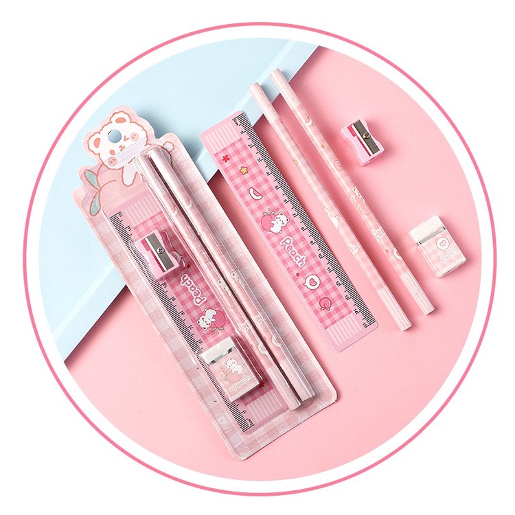 Peralatan Set alat tulis pensil perlengkapan menulis penggaris rautan penghapus garisan 1 pak pink hijau orange hamster cat cute lucu