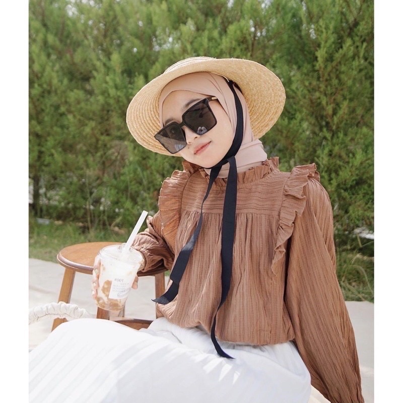 Puffy Crincle Blouse Wanita  / Blouse Salur Wanita / Blouse Kerja Wanita-MELODY MOCCA