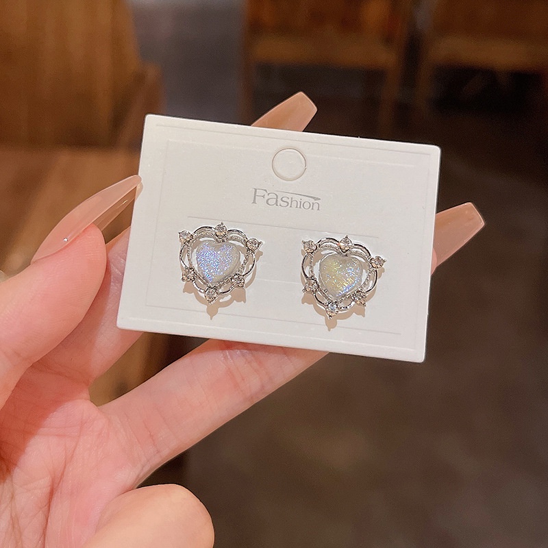 Anting Tusuk Sterling silver 925 Desain Hati Hias Opal + Berlian Gaya Mewah Untuk Wanita