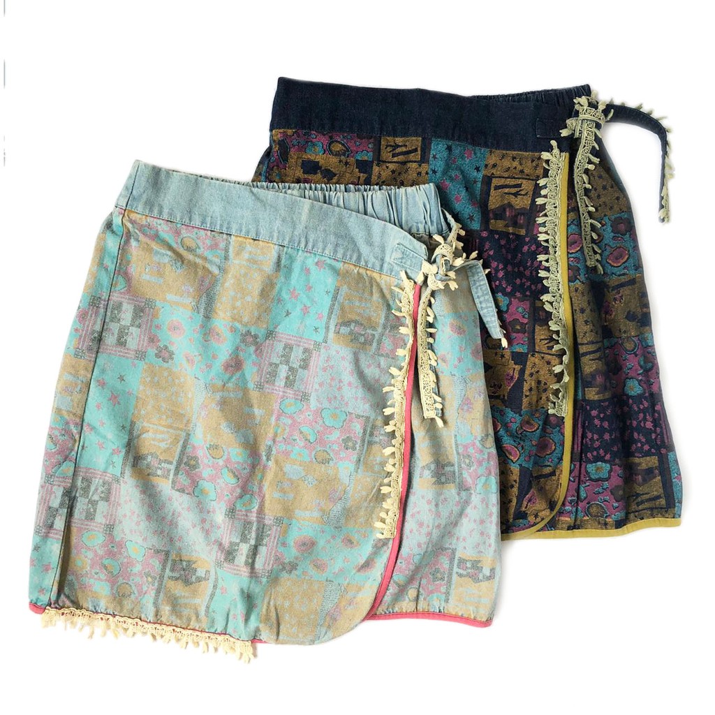 Rok Midi Wrap Denim Jeans Motif Perca Patchwork Korea Import