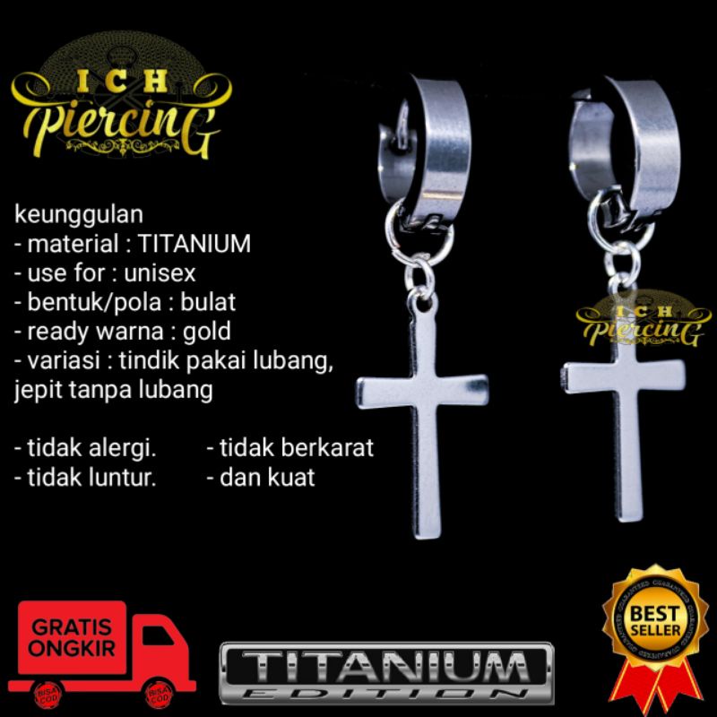 anting tindik dan jepit model Salib besar / anting tindik dan jepit warna silver titanium / ICH PIERCING