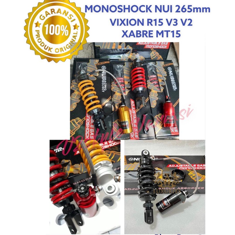 SHOCK VIXION R15 MT15 XSR XABRE UKURAN STANDAR NUI RACING SHOK BREAKER KTC EXTREME 265MM TABUNG PISAH ISI NITROGEN OLI SET BRECKET KLEMAN KLIK FUNGSI REBOUND ACTIVE HOLE TO HOLE PNP VIXION OLD NEW NVA NVL LIGHTNING ADVANCE R15 V2 V3 R15V2 R15V3 XABRE XSR