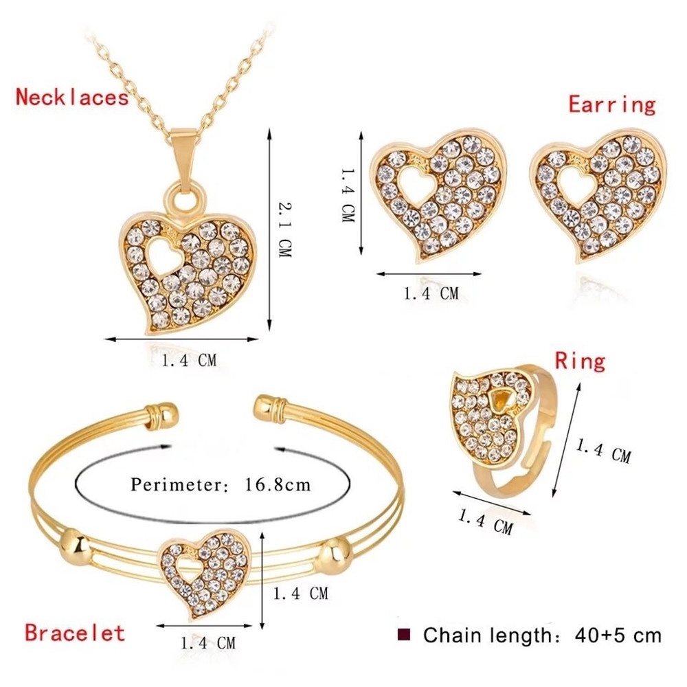 Set Perhiasan Kalung Gelang Anting Cincin Desain Hati Aksen Berlian Imitasi Untuk Wanita