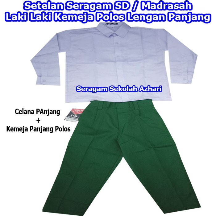 Stelan Seragam SD Putih Hijau Laki Laki Jumbo Lengan Panjang-Seragam Madrasah Hijau Putih Pria-Serag