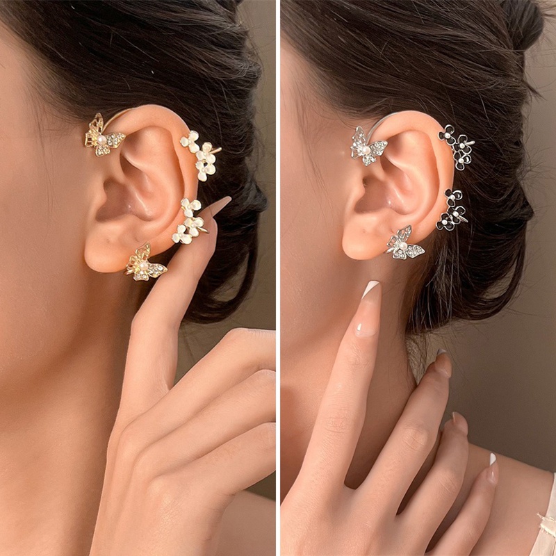 1pc Anting Klip Telinga Kiri Tanpa Tindik Desain Kupu-Kupu Putih Bunga Mutiara Berlian Imitasi Untuk Wanita