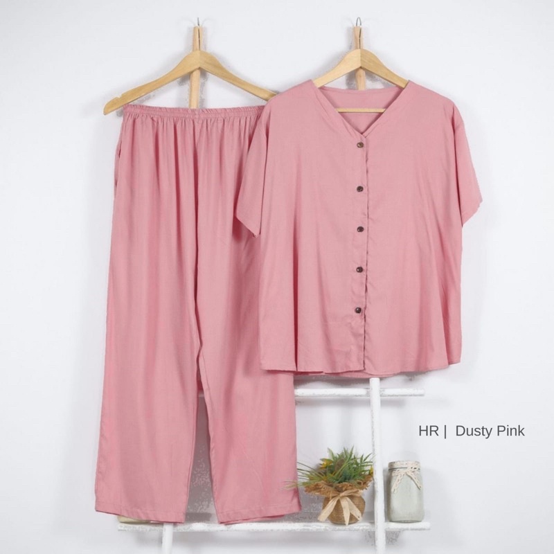 HRTP Setelan Baju Tidur Wanita Polos Tangan Pendek Celana Panjang Rayon Kekinian Piyama Wanita One S