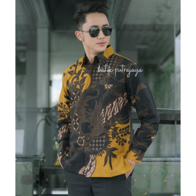 PRABUkuning Kemeja Baju Batik Pria Cowok Lengan Panjang Premium Slimfit Modern KODE P8