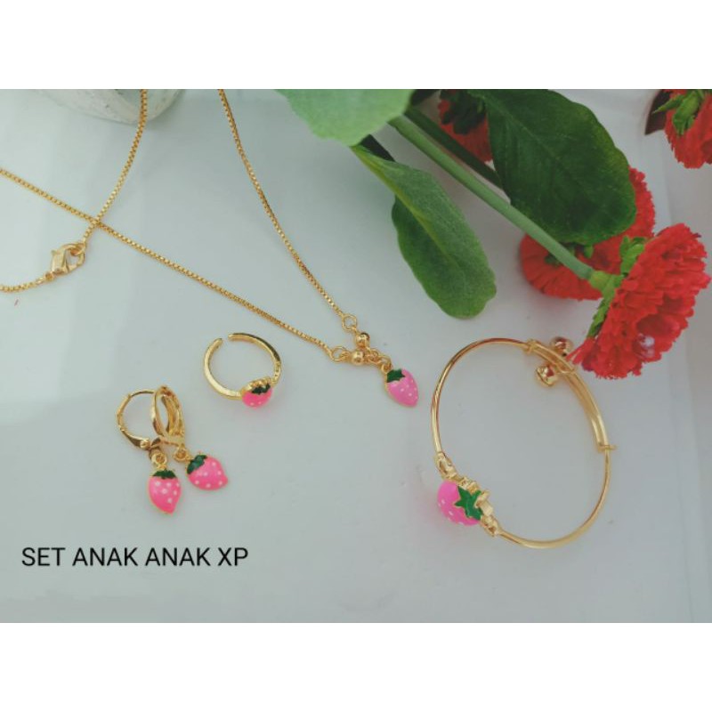 Fourfashion set anak stroberi Pink satu set perhiasan anak