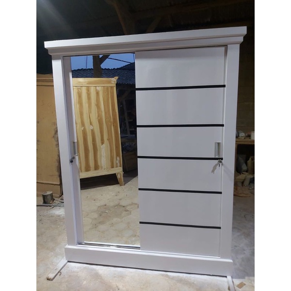lemari pintu sleding kayu jati finishing cat putih