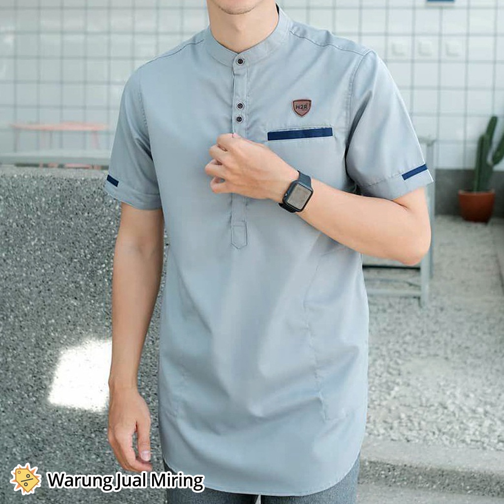 Baju Koko Kurta Lengan Pendek Dewasa Pria Laki Cowok Muslim Pakistan Tangan Santai Untuk Sarung Peci Kokoh Qurta Adem Lembut Katun Toyobo Santri Kemeja Kerah Hitam Putih Biru Donker Coklat Merah Casual Kasual Formal Murah-Kurta Abu-Abu