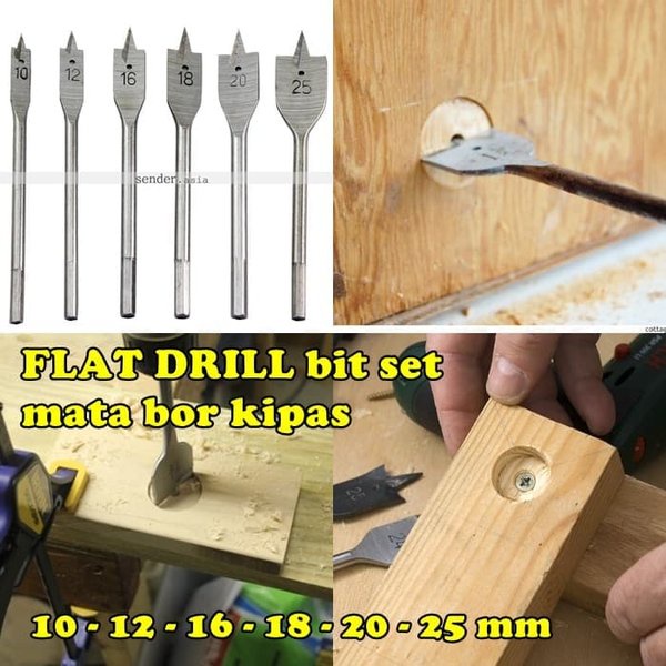 Mata Bor Kipas Kayu Set 6pcs BLACKFOOT 6 pcs Pelubang Pipih 10 12 16 18 20 25 Wood Flat Bit