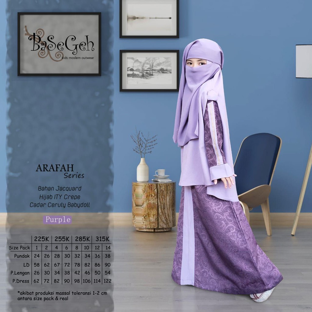 AR 02 Baju Muslim Gamis Anak set Niqob Yaman Basegeh Arafah Purple