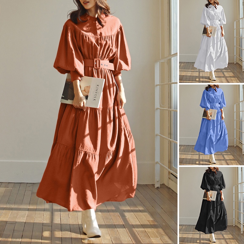 ZANZEA Women Casual Long Puff Sleeve With Belted Collared Maxi Dress