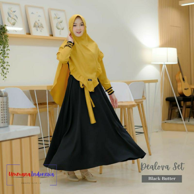 gamis dealova set ori ummana/ gamis original / ukuran L black butter