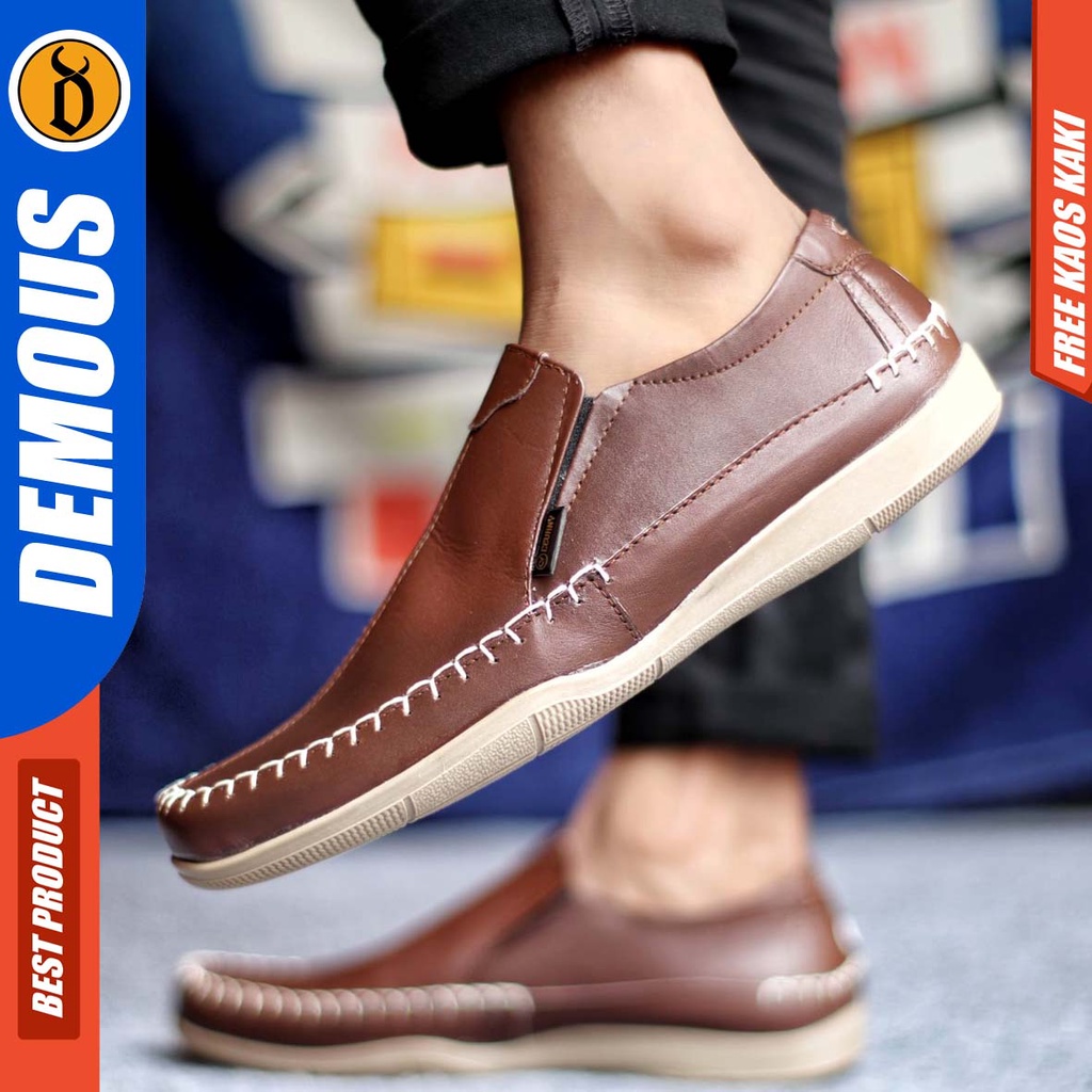 DEMOUS DIVOC Sepatu Casual Slip On Pria Kulit Asli Sepatu Kerja Santai Hitam Slop Murah Kekinian