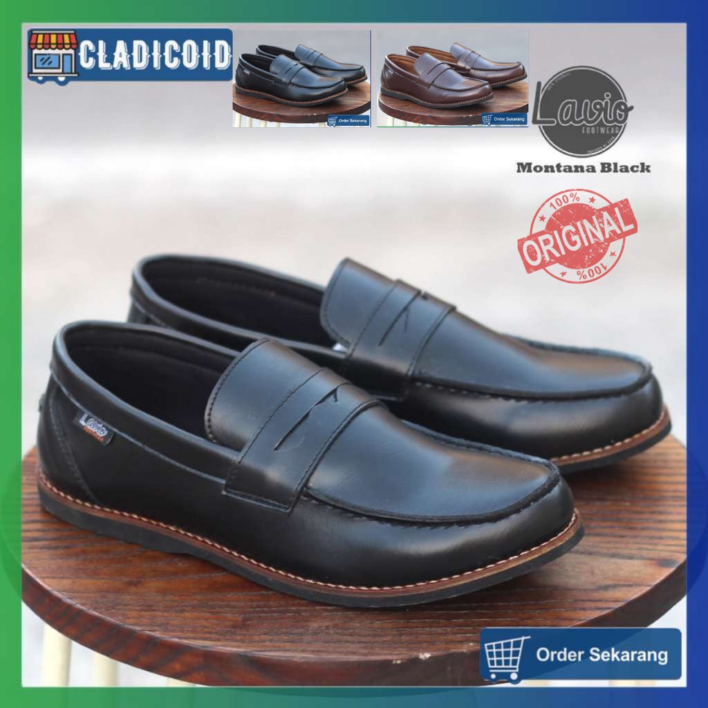 Sepatu Slip On Casual Formal Pria Model Terbaru dan Keren Tanpa Tali Lavio Montana Hitam dan Coklat