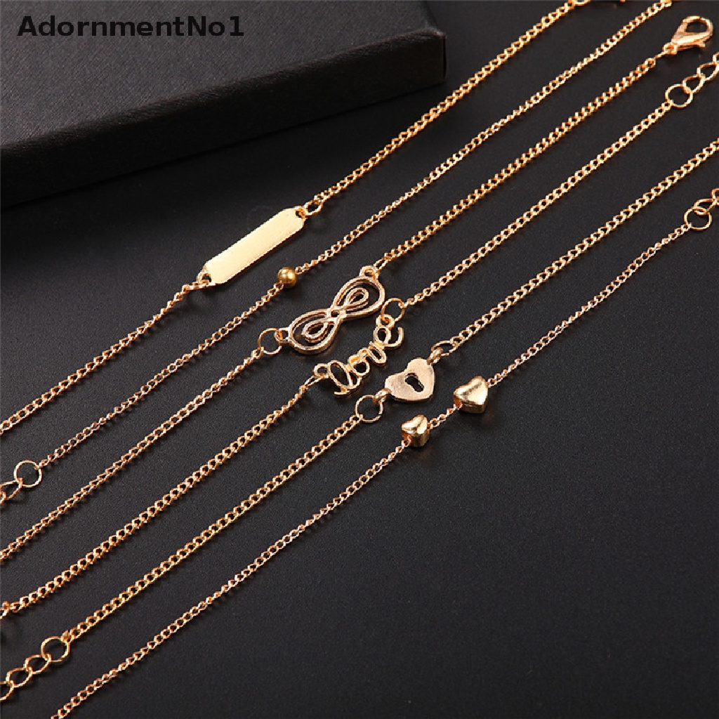 (AdornmentNo1) 6pcs Gelang Kaki Rantai Multisusun Pendan Hati + Infinity Gaya Boho