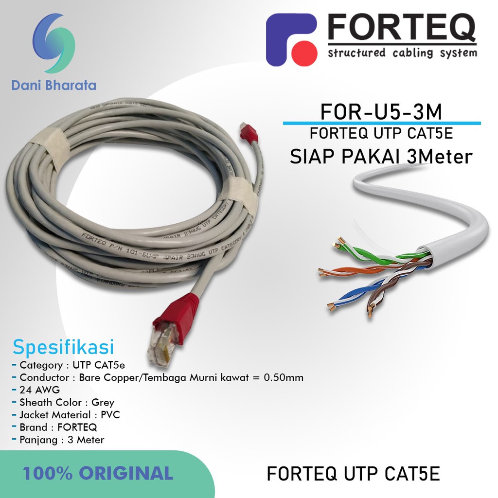 Kabel Lan Cat 5e UTP Copper Indoor Merk FORTEQ Kabel Lan Siap Pakai Panjang 3 Meter BRAND TERNAMA