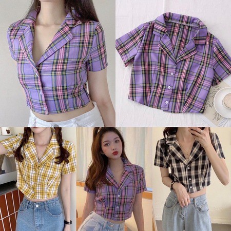 TBI Vintage Crop Top Lisa Plaid Baju Kotak Wanita Korea Style Blackpink - RED - LOKAL