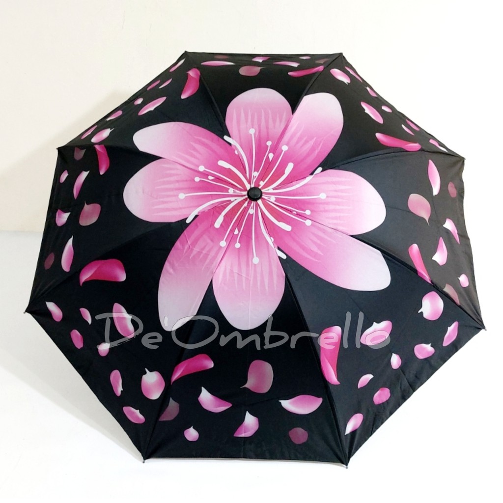 (453)Payung Lpt 4 Fancy Motif Bunga Sakura Dalam Hitam Anti UV