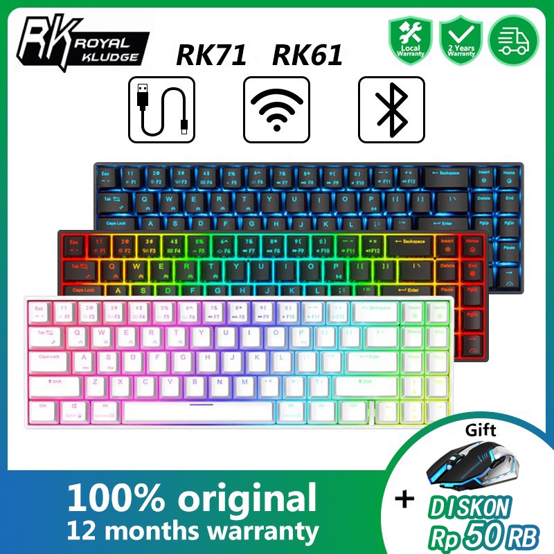 【Beli dua diskon 20%】 RK61 Wireless Bluetooth 61 Keys RGB Backlight 3 Modes Hotswap Gaming Mechanical Keyboard for PC Royal Kludge