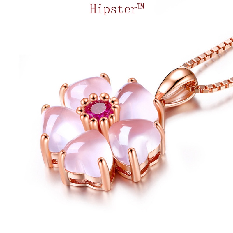 Set Cartoon Cat Pink Gemstone Earrings Safety Buckle Bracelet Pink Crystal Rose Gold Ring Five-Petal Flower Necklace Four-Piece Set