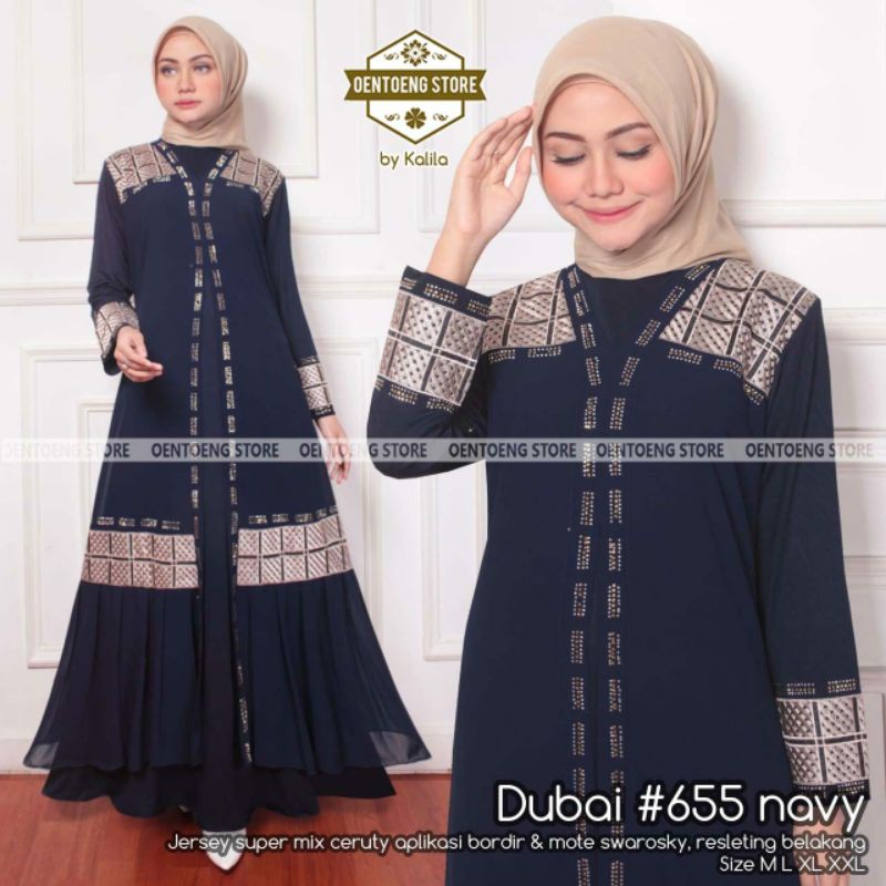 DUBAI 655 BY OENTOENG STORE / GAMIS ABAYA BAHAN JERSEY MIX CERUTY WARNA NAVY
