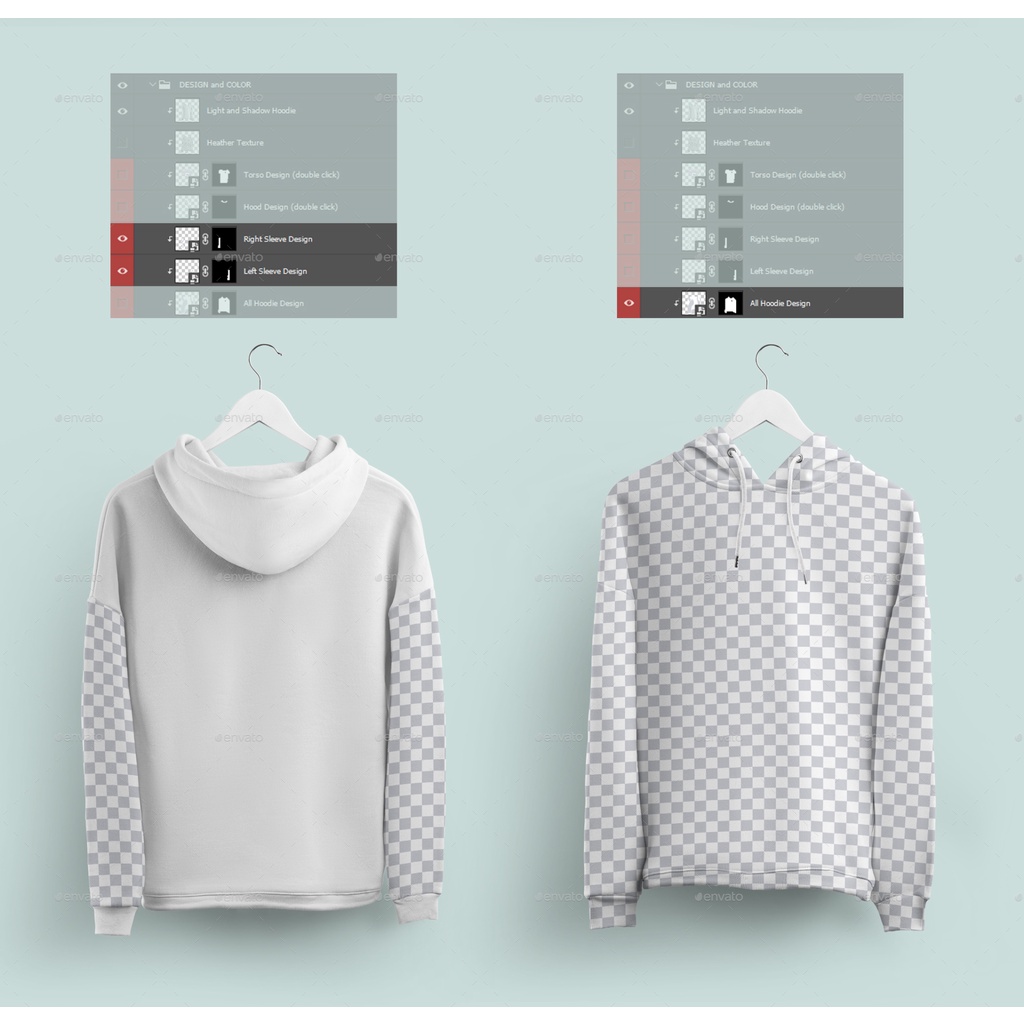 Front And Back Woman Hoodie Mockup On 6 Different Hangers - Photoshop