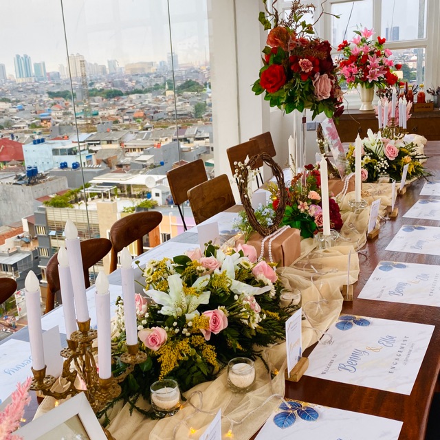 Dekorasi lamaran ulang tahun wedding backdrop table setting decor