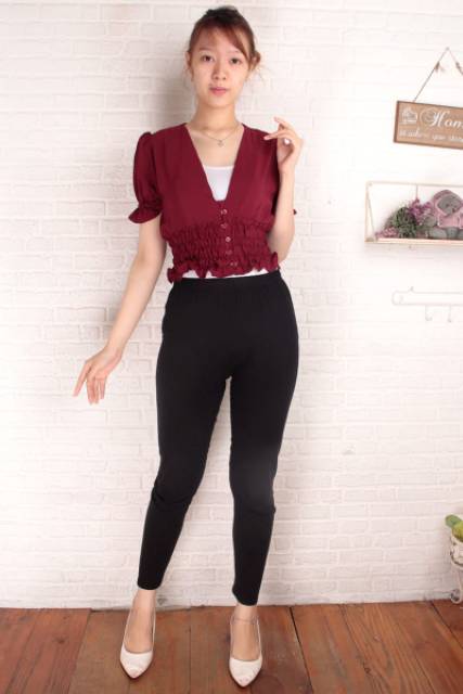 V neck button simple blouse (blouse v neck kancing depan)