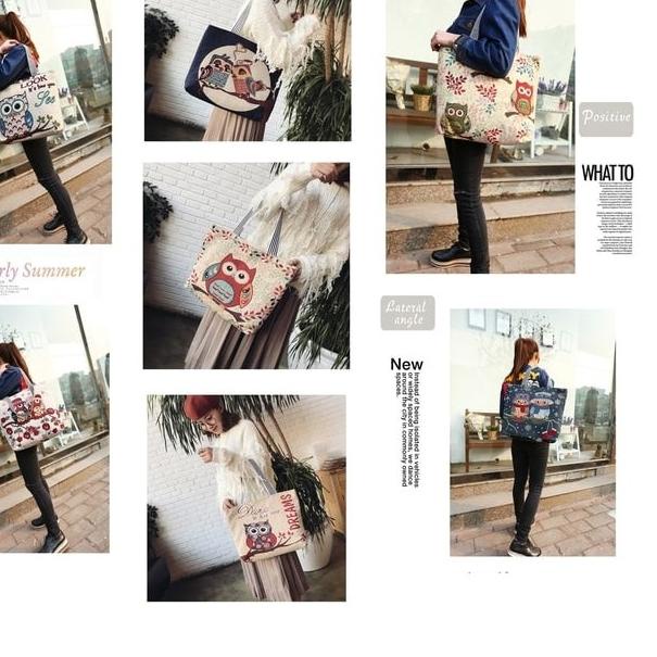 ✬ Tas Kanvas shouder bag burung hantu - Tote bag Canvas Owl import OWL1 ♬