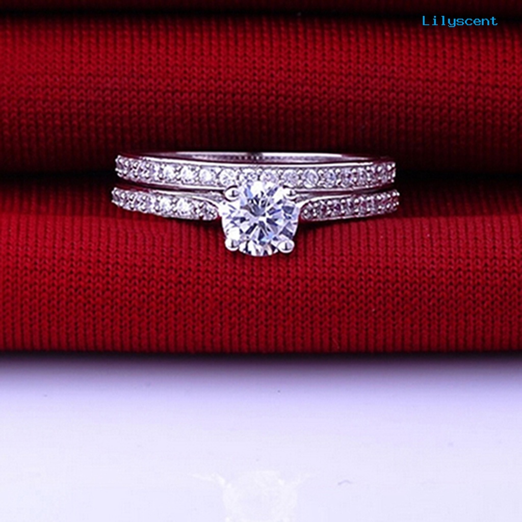 Ls 2Pcs / Set Cincin Pasangan Lapis Silver Hias Cubic Zirconia Berkilau Untuk Pernikahan