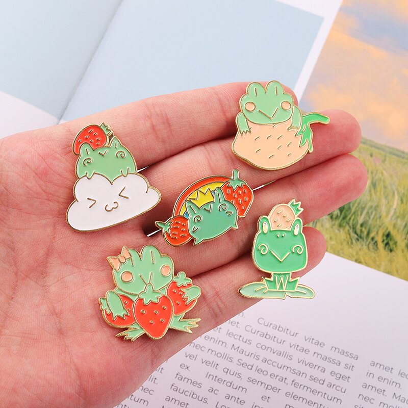 Quack Enamel Pin Frog Strawberry Lotus Leaf Brooches Bag Lapel Pin Cartoon Animal Badge Jewelry Gift for Kids Friends