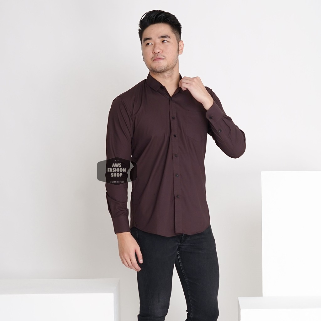 Kemeja Pria Lengan Panjang Polos Coklat Tua Dark Brown Kemeja Cowok Keren Casual Slimfit 3242