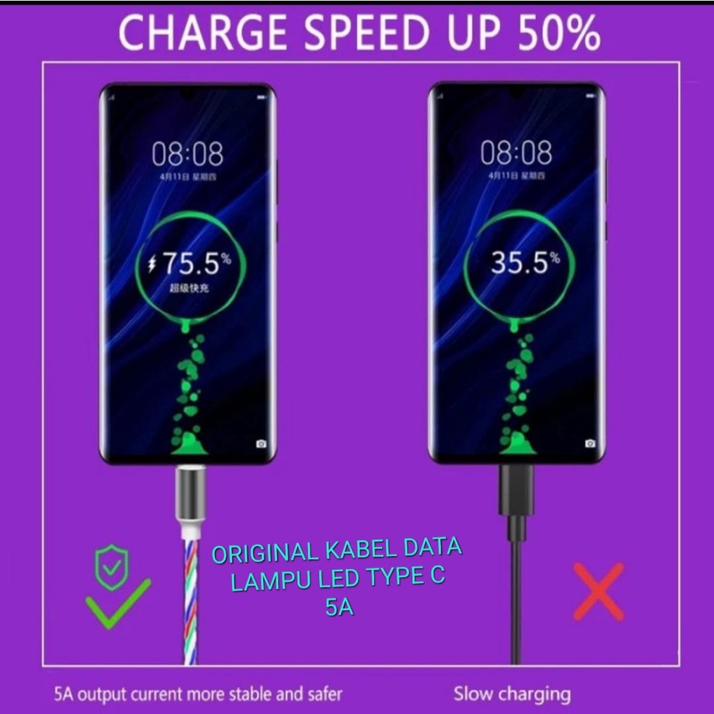 J445 KABEL DATA LAMPU LED USB TYPE C 5A support fast charging cas qualcom quick charge flash maximum speed quallcom charger handphone faster multi universal original qc tc MULTI CASAN SPEED Faster Charging High speed transmision kabel berserat tebal