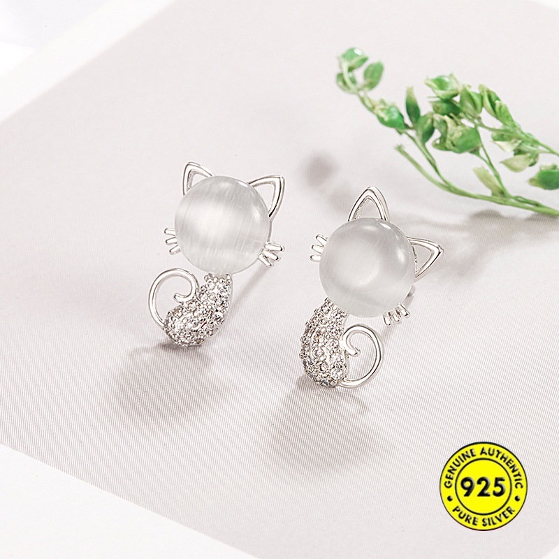 Anting Tusuk Sterling Silver 925 Model Kucing Dengan Opal Untuk Wanita U932