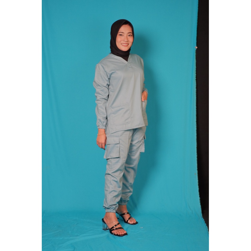 Baju Ok Oka Jogger Cargo | Baju Jaga Dokter Scrub Medis Perawat Lengan Panjang Karet | Bahan Toyobo