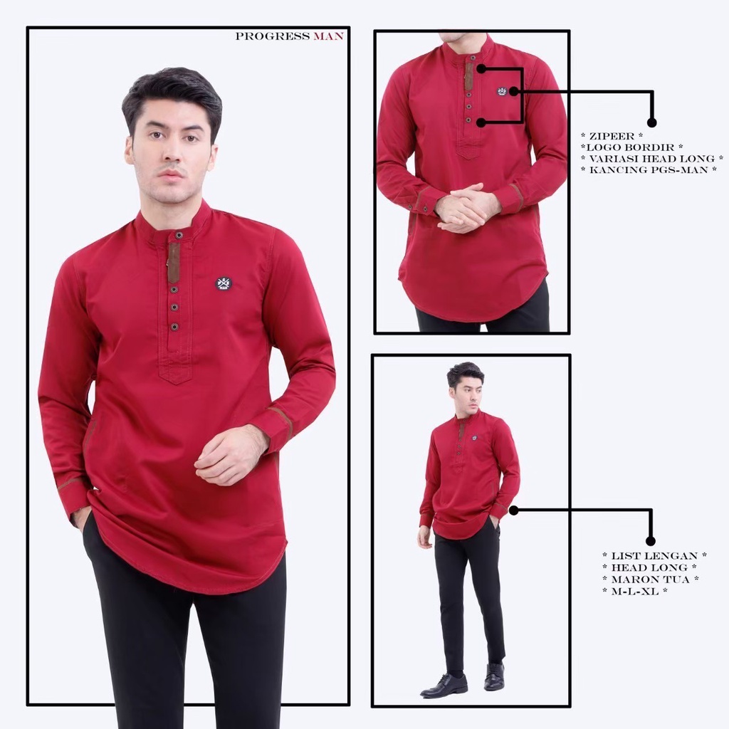 PROGRESS MAN baju koko pria lengan panjang koko kurta pangsi kemeja koko pria lengan panjang koko kurta pangsi baju kurta pangsi dewasa logo bordir Merah P4N9S101