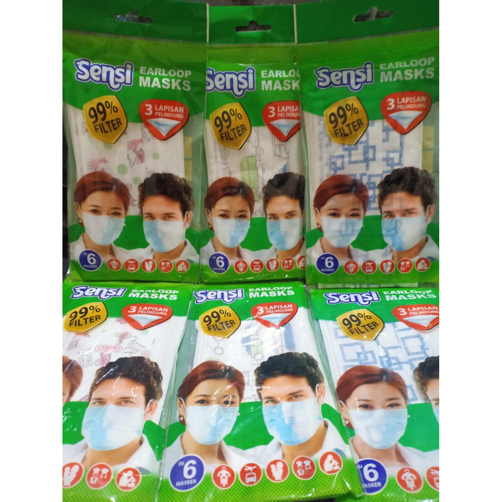 ⭐BAGUS⭐ [SACHET] SENSI MASKER 3 PLY | Hijab / Non Hijab Isi 5 / 6 pcs