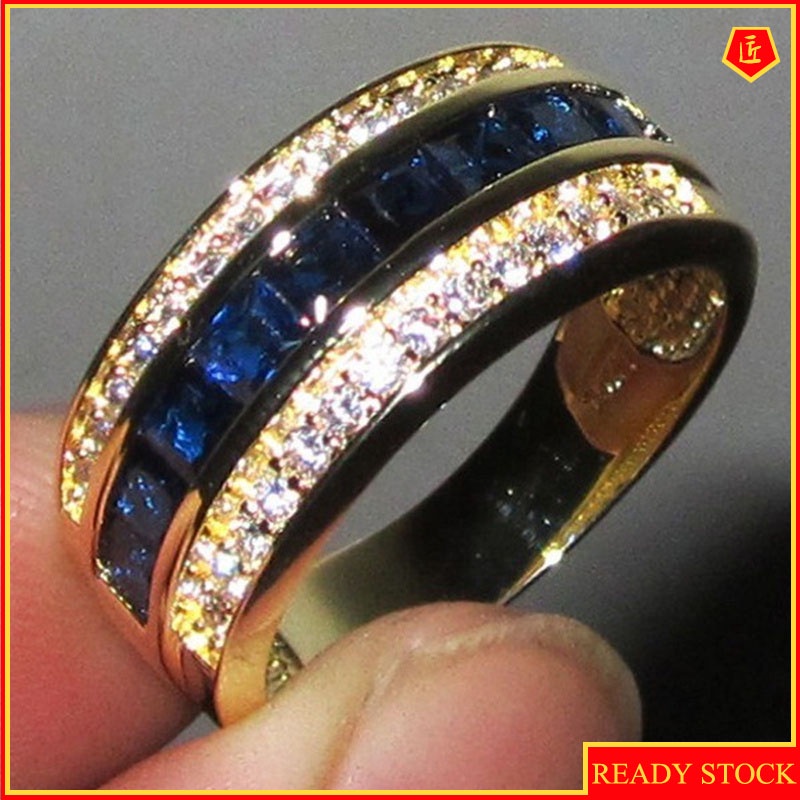 [Ready Stock]Full Diamond Sapphire Square Diamond Ring 18K Gold Flash Diamond