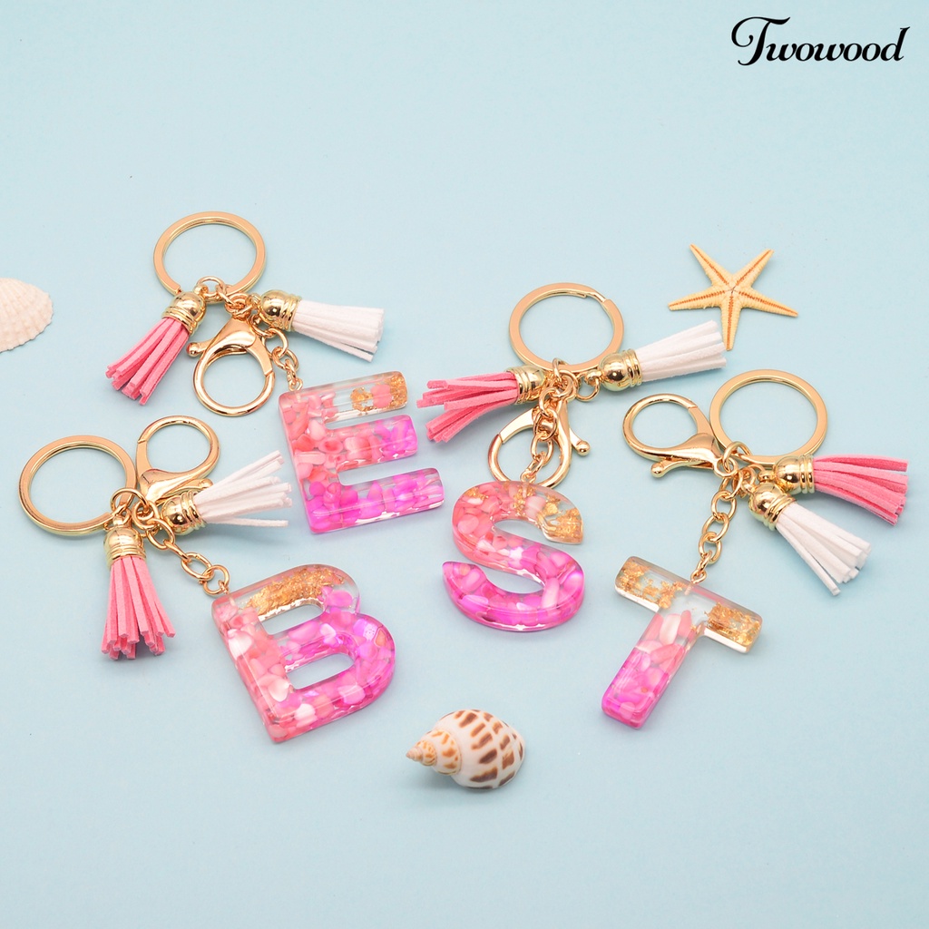 Twowood Key Chain Translucent Alphabet Pendant Shell Decor Letter Initial Pendant Keychain with Tassels for Women