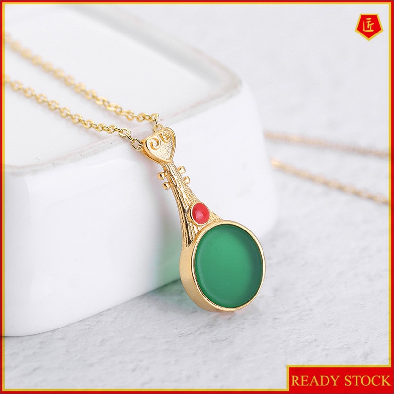 [Ready Stock]Fashion Mosaic Jade Gold Plated Pipa Pendant Necklace